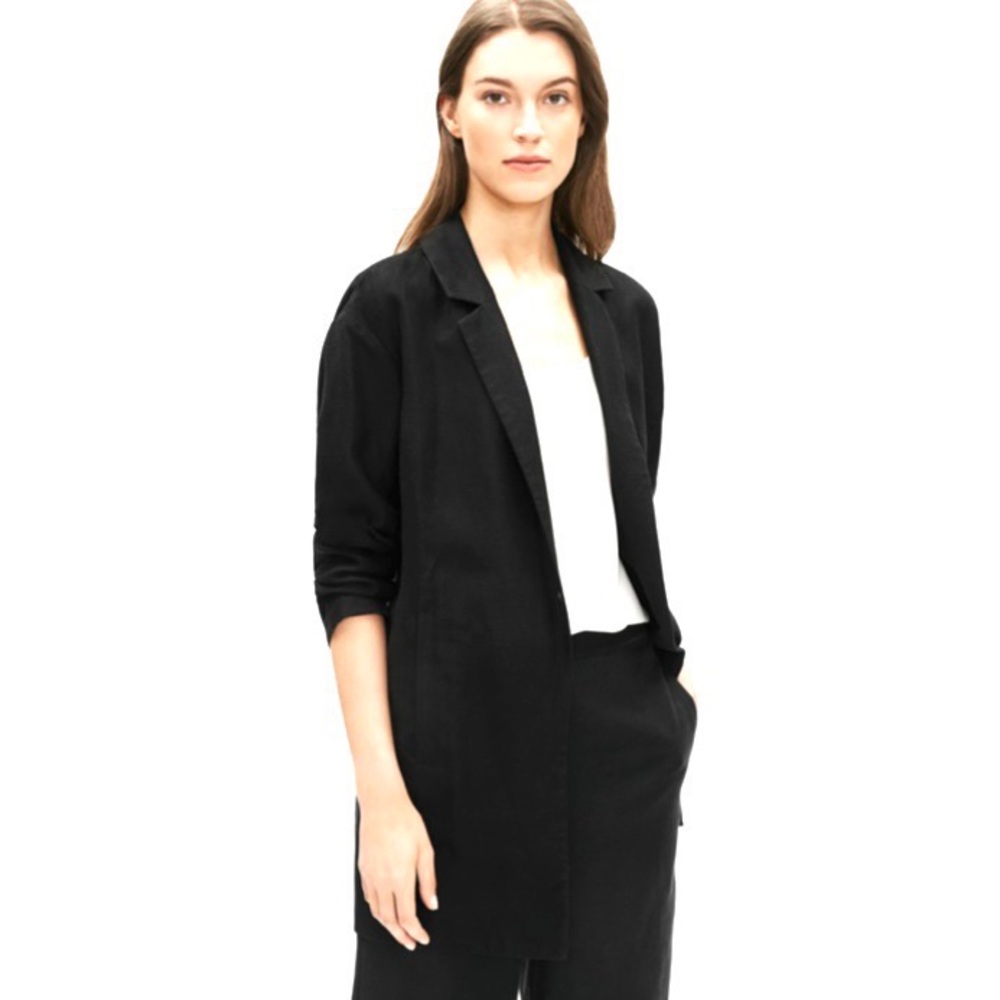 Eileen Fisher black open front long blazer pockets linen blend jacket XL